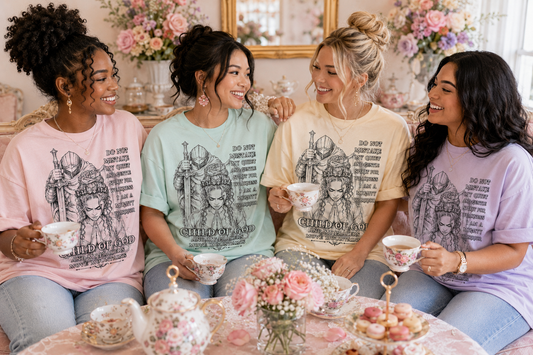 “Armor & Grace™ Faith Graphic Tee with Knight & Prayer Text