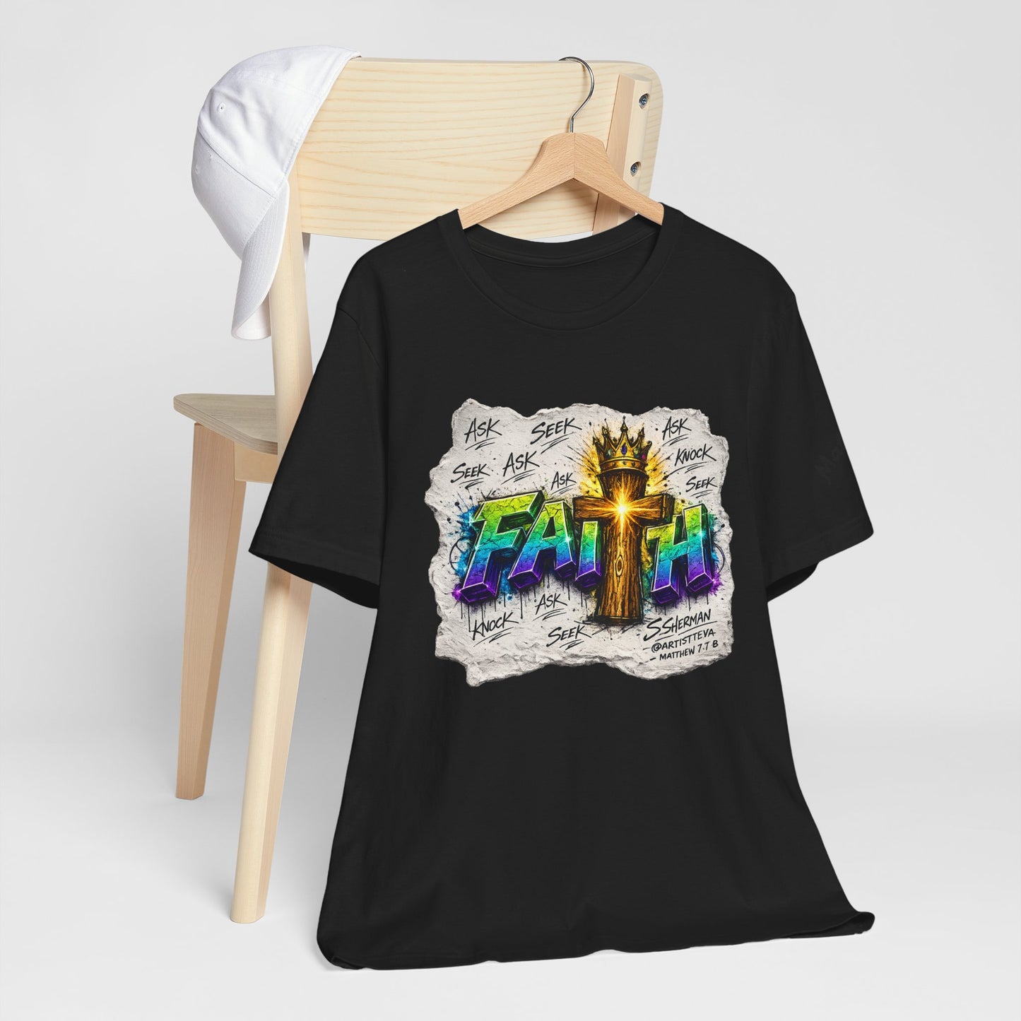 FAITH™ Christian Graffiti Cross T-Shirt | Matthew 7:7-8 Faith Streetwear “ FAITH — Ask. Seek. Knock.” Tee | Crown & Cross Graphic Shirt - Unisex Jersey Short Sleeve Tee