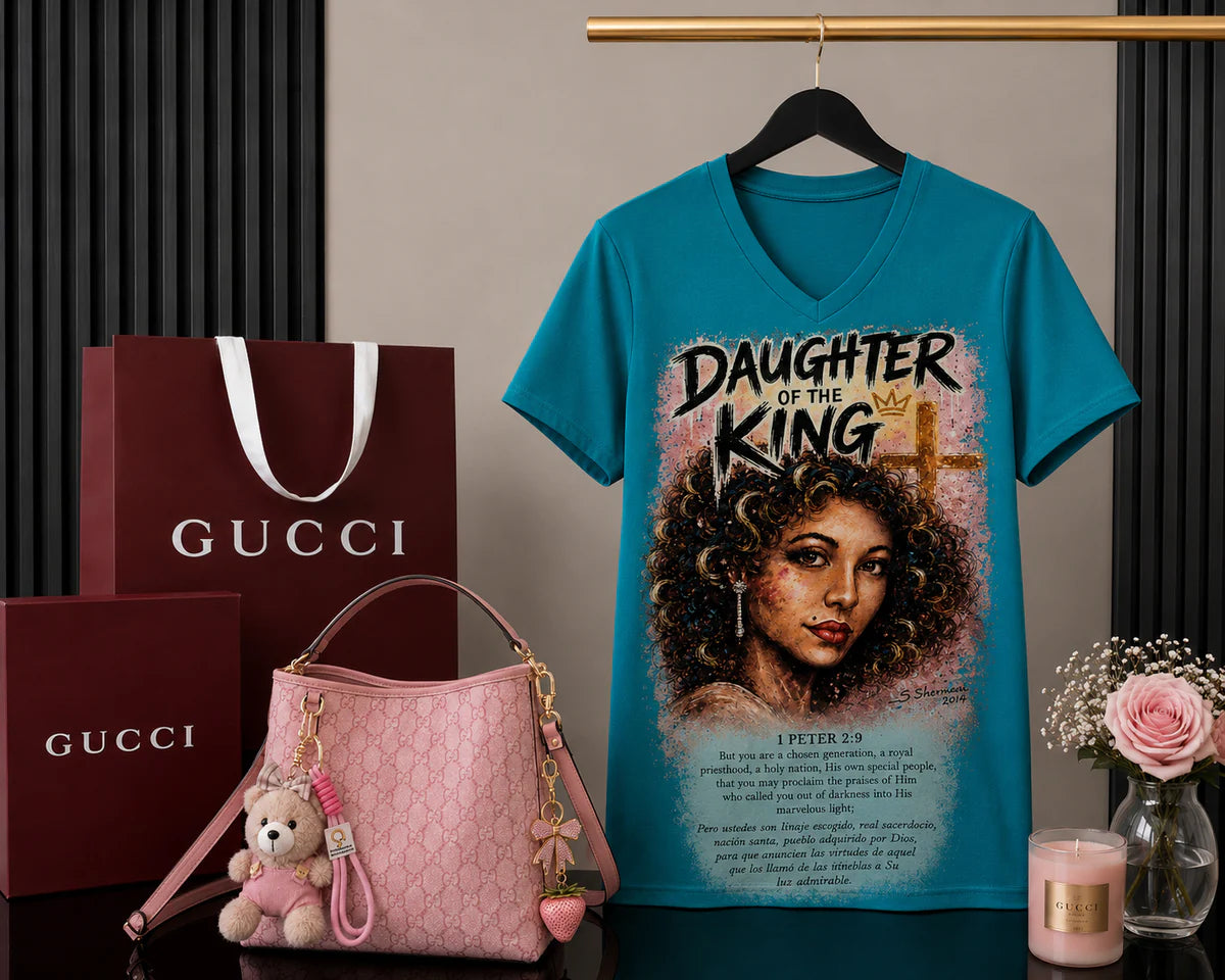 Daughter of the King V-Neck Tee — Christian Faith Graphic Tee for Women