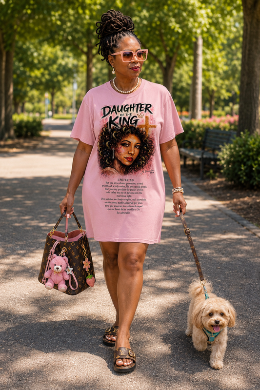 T-Shirt Dress ‘Daughter of the King ‘— Christian Faith Graphic Dress with Scripture (1 Peter 2:9)